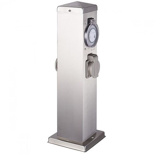 Edelstahl Steckdosens�ule mit 2 Steckdosen und Timer