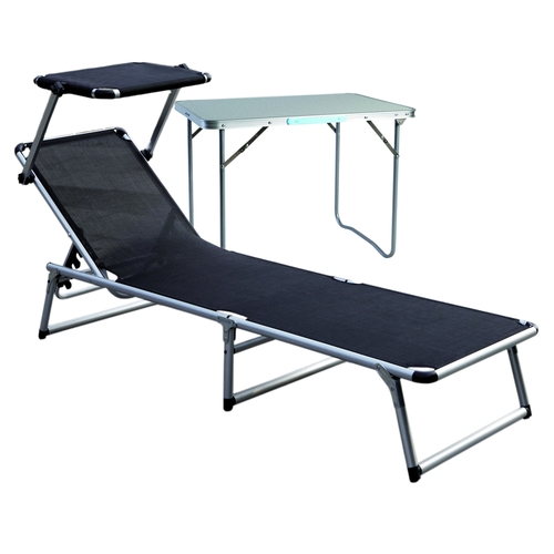 Aluminium Gartenliege schwarz mit Dach L188xB57cm + Beistelltisch
