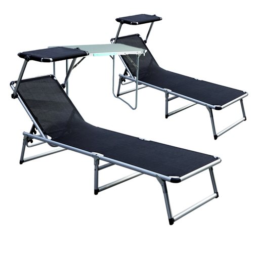 2 St�ck Aluminium Gartenliege schwarz mit Dach L188xB57cm + Beistelltisch