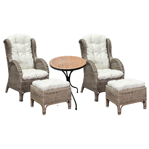 Luxus Rattan Set 2 x Relaxsessel mit Fuhocker + Mosaiktisch
