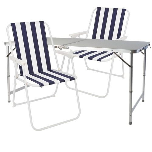 3-teiliges Campingm�bel Set Alu 120x60x58/70cm blau-wei� gestreift