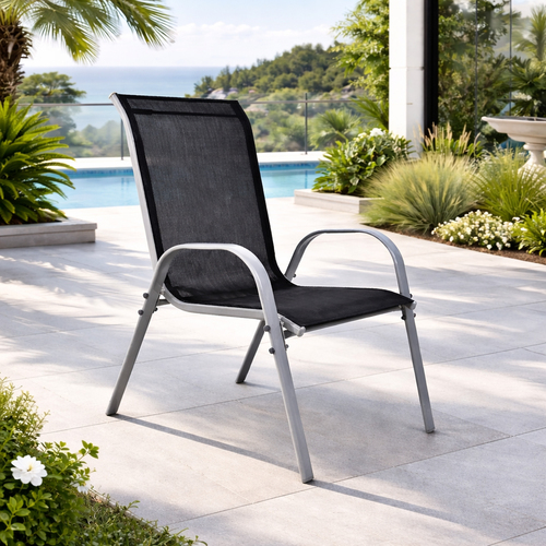 Outdoorstuhl Gartenstuhl Stapelstuhl Metall Silber Textilen Schwarz 
