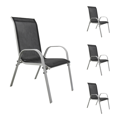 4xOutdoorstuhl Gartenstuhl Stapelstuhl Metall Silber Textilen Schwarz 