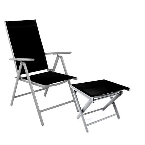 Garten Klappstuhl Aluminium - Textilen Silbergrau/Schwarz + Fu�hocker Silber/Schwarz