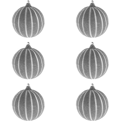 6-tlg. Weihnachtsbaumkugeln Streifen beflockt Glitzer Silber  8cm