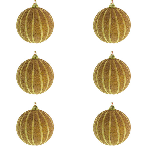 6-tlg. Weihnachtsbaumkugeln Streifen beflockt Glitzer Gold  10cm