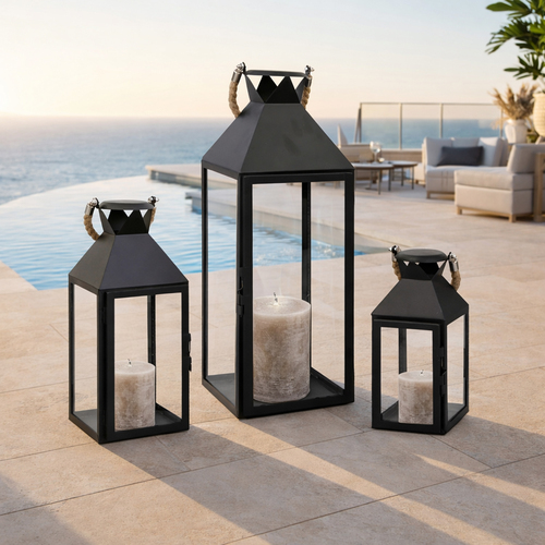 3er Laternen Set Stalllaterne Windlicht Schwarz Metall H25/40/51cm 