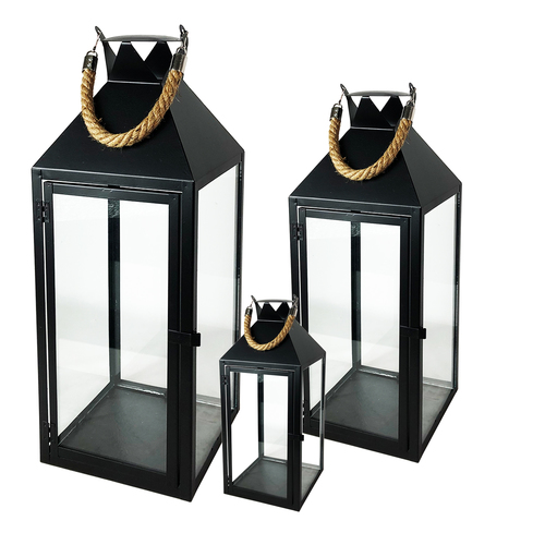 3er Laternen mit Seilgriffen Set Schwarz 25/40/51cm