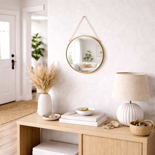 Wandspiegel H�ngespiegel Spiegel Badspiegel rund Gold mit Kette 30cm