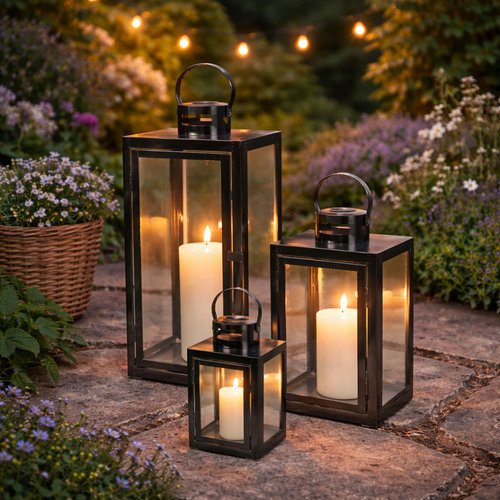 3er Luxus Laternen / Gartenlaternen Set Edelstahl Platin Optik 