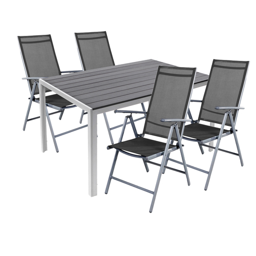 5tlg Gartengarnitur Aluminium Silber Non-Wood 180x90cm + 4 Hochlehner mit Textilen 