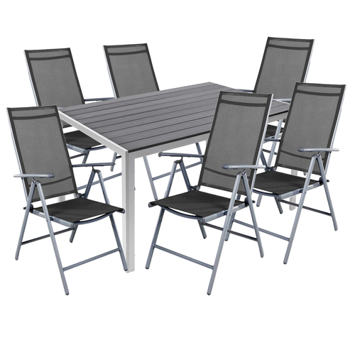7 teilige Gartengarnitur Gartenm�bel Alu Silber Non-Wood 180x90cm + 6 Hochlehner mit Textilen 