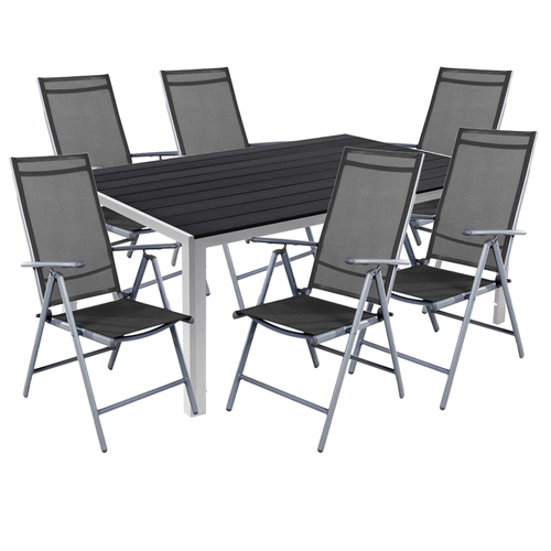 7 teilige Gartengarnitur Alu Anthrazit Non-Wood 150x90cm + 6 Hochlehner mit Textilen 