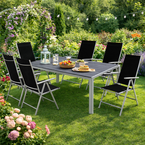 7-tlg Gartenm�bel Set Alu Non-Wood 180x90x74cm + 6 Klappst�hle Silber