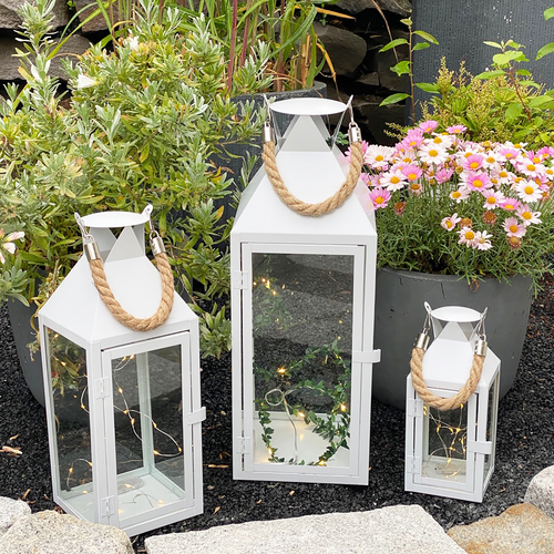 3er Laternen Set Windlicht Gartenlaterne wei� 25/40/51cm Lichterketten