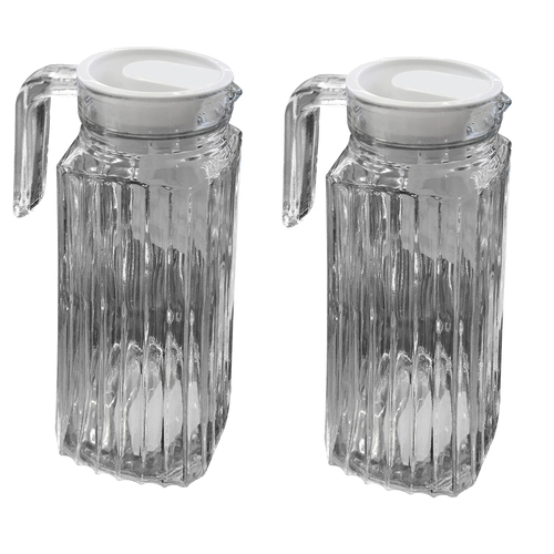 2 x 1 Liter Glas K�hlschrankkrug Karaffe Saftkrug Glaskrug Kanne Deckel Griff H24cm