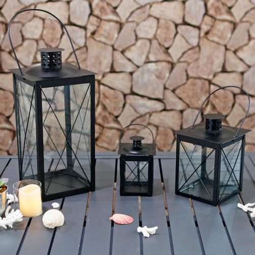 3er Laternen Set Windlicht Schwarz Metall mit Griff