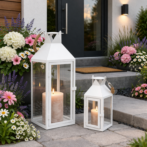 2er Set Laternen Windlicht Gartenlaterne wei� Metall 25/40cm Seilgriff