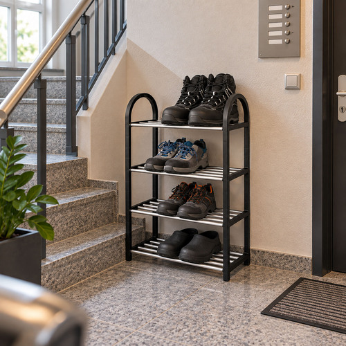 Schuhregal Regal Schuhaufbewahrung Kunststoff Schwarz Silber 4 Etagen H65cm