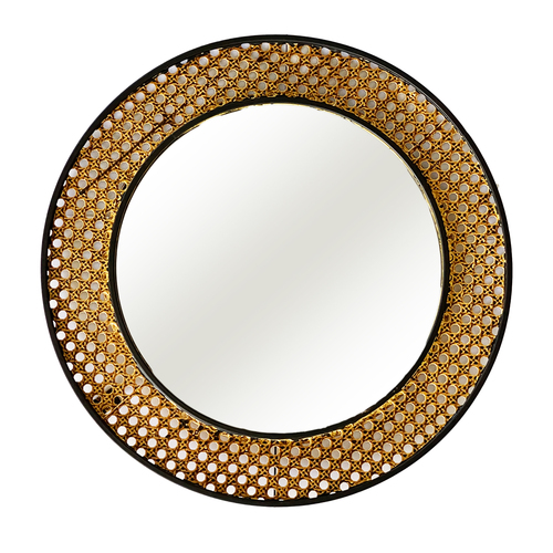 Wandspiegel H�ngespiegel Dekospiegel Rattan Desingn rund Schwarz/Gold  40 cm