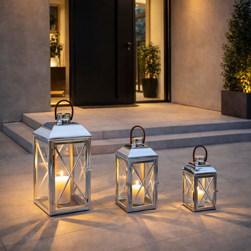 3er Set Edelstahl Glas Laternen Windlicht Gartenlaterne  H25/35/49cm 