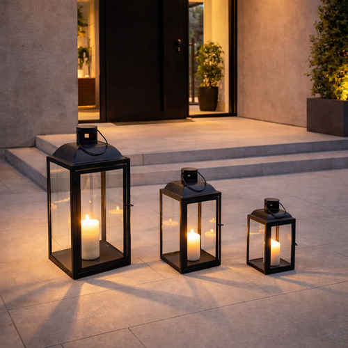 3er Laternen Set Stalllaterne Windlicht Schwarz Metall H30/43/63cm 