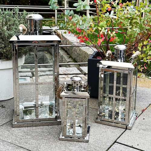 3er Set Edelstahl Glas Laternen Windlicht Gartenlaterne mit Griff H27/39/52m