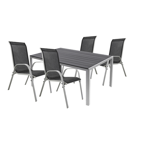 5tlg Gartenm�bel Set Alu silber Non-Wood 180x90cm + 4 Stapelst�hlen  