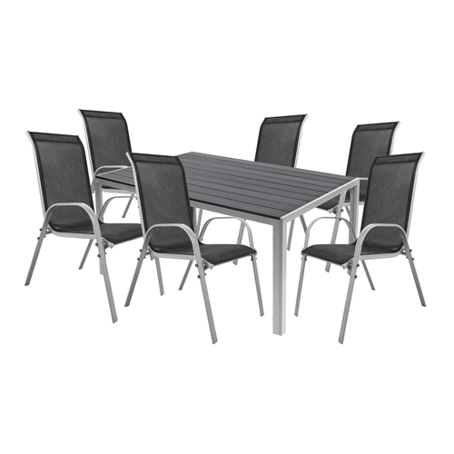 7tlg Gartenm�bel Set Alu silber Non-Wood 180x90cm + 6 Stapelst�hlen  