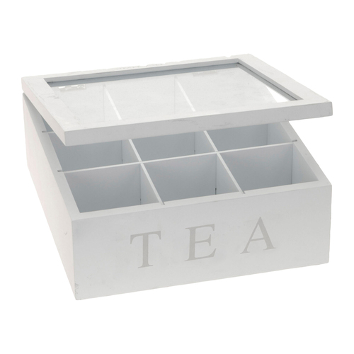 Teebox Holz Wei� Deckel 9-F�cher mit Aufschrift TEA