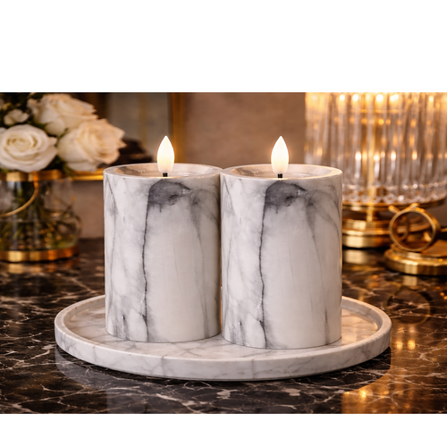 2er LED Kerze Stumpenkerze Marmor Optik flackern 7x10cm Wei� Batterie