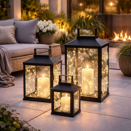 3er Gartenlaternen Laternen Metall Windlicht Schwarz H28/35/44cm