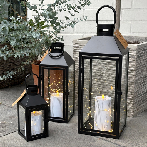 3er Gartenlaternen Laternen Metall Windlicht Schwarz H23/39/49cm 