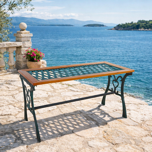 Gusseisen Gartentisch Outdoortisch Holz Glasplatte Natur 98x46xH56cm