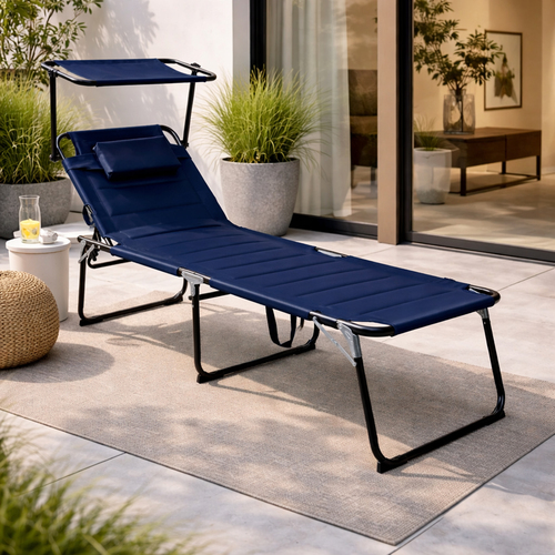 Aluminium Gartenliege Sonnenliege Dunkelblau  Dach Kissen L200xB70cm