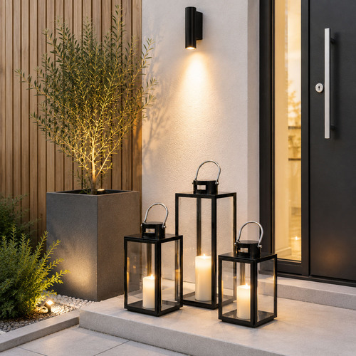 3er Set Windlicht Laternen Set Stalllaterne Metall Schwarz 30/40/53cm 