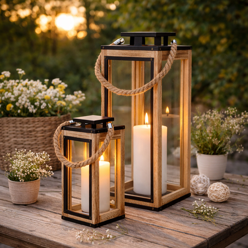 2-teiliges Laternen-Set aus Holz mit Metalldach Deko-Laternen