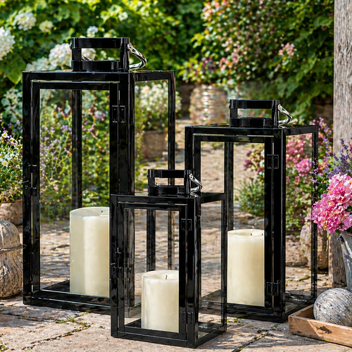 3er Laternenset Windlicht Gartenlaterne Metall Schwarz H30/40/53cm 