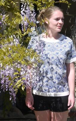 Piece of Blue Damen Strickpulli wei�, indigo Blumen Druck - Nachfolger von Blue Willis Sommerpulli aus 100% Baumwolle, Gr.S, Gr.M, Gr.L, Gr.XL, Gr.XXL