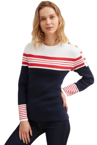 Saint James 0346 Luzac Baumwolle Marinepullover mit Schulterknpfen Blau rot wei gestreifter Seemannspullover