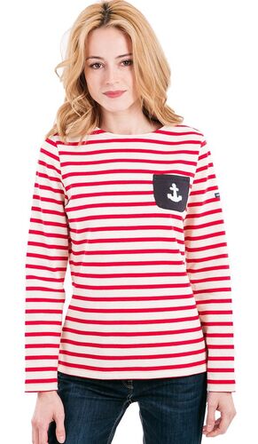 Saint James Da. Shirt gestrickt ecru rot gestreift, mit kleiner Tasche Anker maritimer Pullover