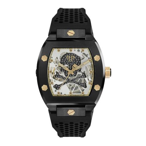 Philipp Plein Herren Uhr Automatik $KELETON schwarz Kristalle PWBAA0521 Silikon 