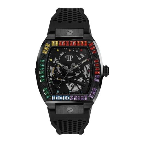 Philipp Plein Herren Uhr Automatik $KELETON schwarz Kristalle PWBAA0621 Silikon 