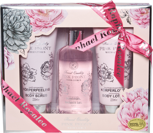 RAPHAEL ROSALEE COSMETICS Bade- und Pflegeset Flowers No. 031 (3-teilig) mit Pfingstrose & Zitrus - Bade-Geschenkset mit Peeling, Duschgel, Lotion uvm.