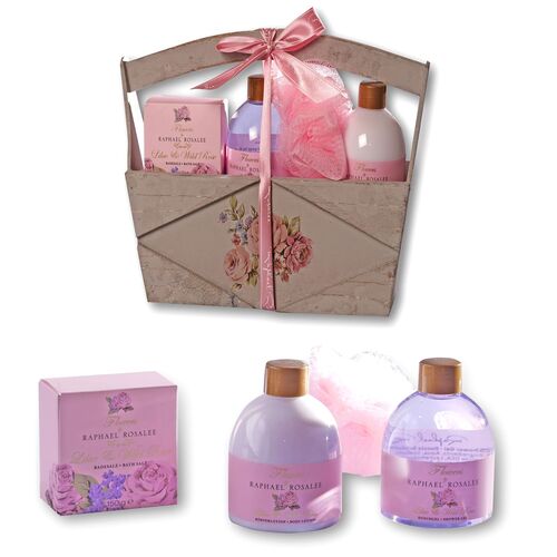 RAPHAEL ROSALEE COSMETICS Bade- und Pflegeset Flowers No. 088 (5-teilig) mit Wildrose - Bade-Geschenkset mit Badesalz, Seife, Geschenkkorb uvm.