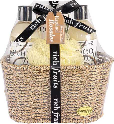RAPHAEL ROSALEE COSMETICS Bade- und Pflegeset Fruits of Paradise No. 077 (4-teilig) mit Kokosnuss - Bade-Geschenkset mit Schwamm, Duschgel, Lotion uvm.