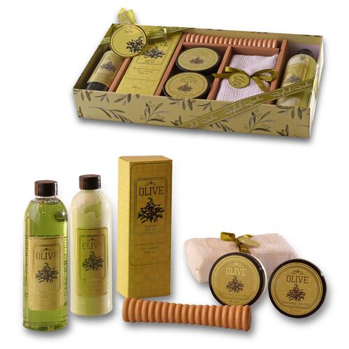 RAPHAEL ROSALEE COSMETICS Bade- und Pflegeset Olive No. 047 (7-teilig) mit Olive - Bade-Geschenkset mit Massageroller, Handtuch, Peeling uvm.