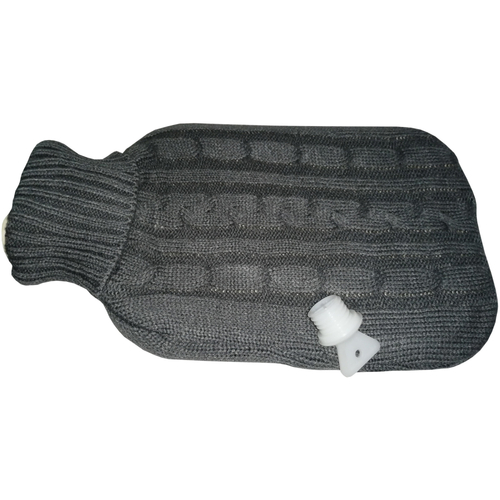 W�rmflasche aus wei�em Gummi/Strickbezug mit Zopfmuster grau