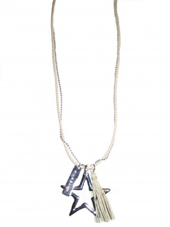 Halskette 80 cm, Bettelkette mit Metall-Stern und Lederfransen