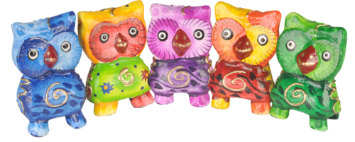 Kleine EULEN aus Holz im 5er-Set, handgefertigt und handbemalt